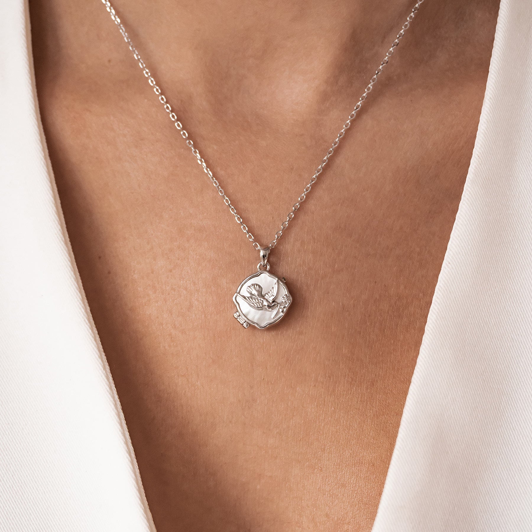 Tauben und Olivenzweig Medaillon Halskette 925 Sterling Silber