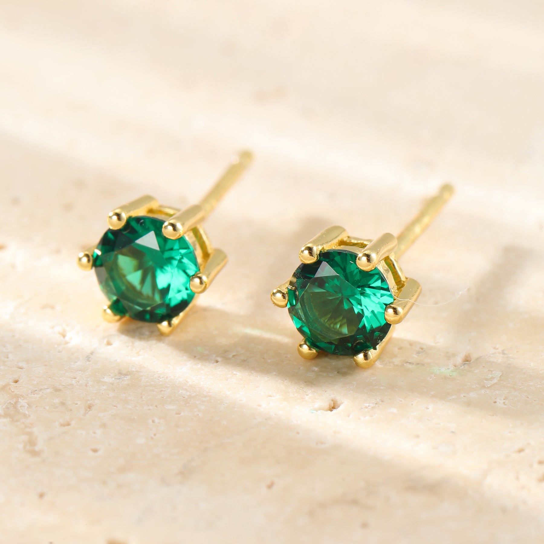 Emerald Gemstone Stud Earrings Sterling Silver