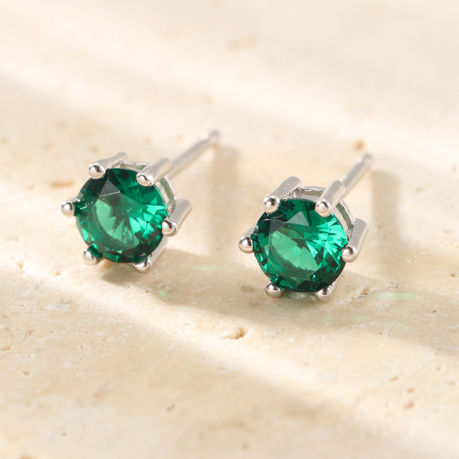 Emerald Gemstone Stud Earrings Sterling Silver