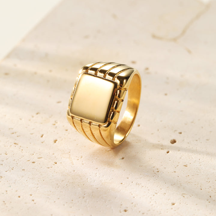 Engraved square signet ring for men in gold stainless steel