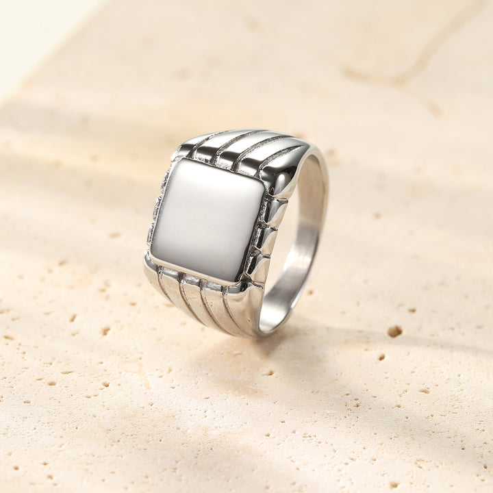 Engraved square signet ring for men in silver stainless steel