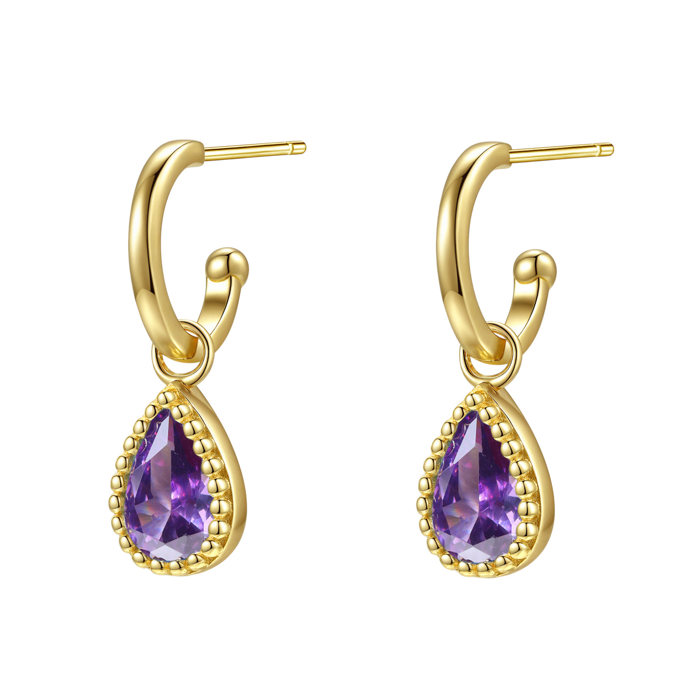 Boucles d’Oreilles Creoles Birthstone Amethyste Fevrier Sterling Argent