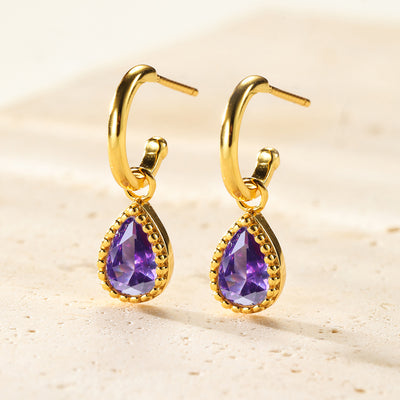 Boucles d’Oreilles Creoles Birthstone Amethyste Fevrier Sterling Argent