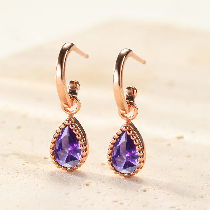 Boucles d’Oreilles Creoles Birthstone Amethyste Fevrier Argent Sterling