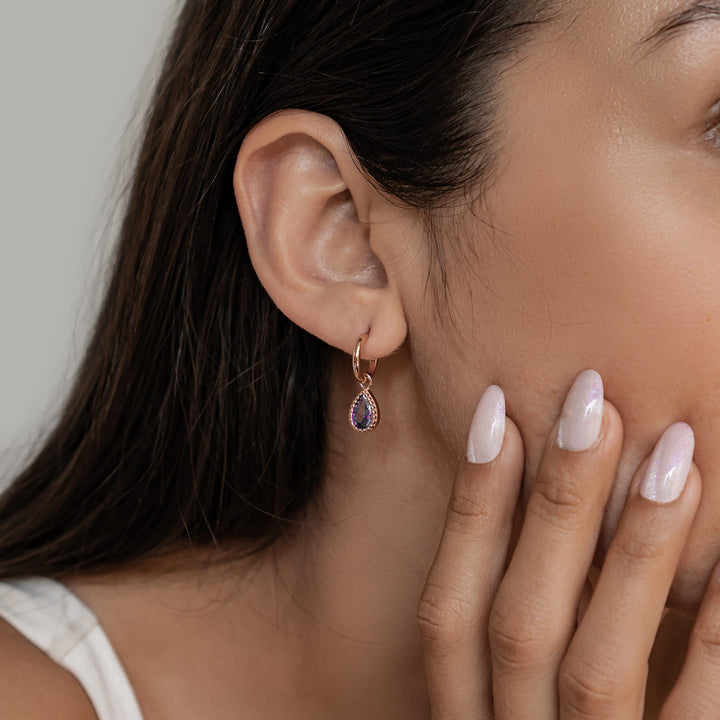 Boucles d’Oreilles Creoles Birthstone Amethyste Fevrier Argent Sterling