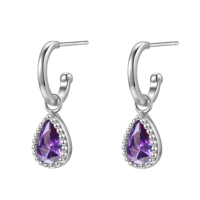 Boucles d’Oreilles Creoles Birthstone Amethyste Fevrier Sterling Argent