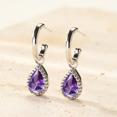 Boucles d’Oreilles Creoles Birthstone Amethyste Fevrier Sterling Argent