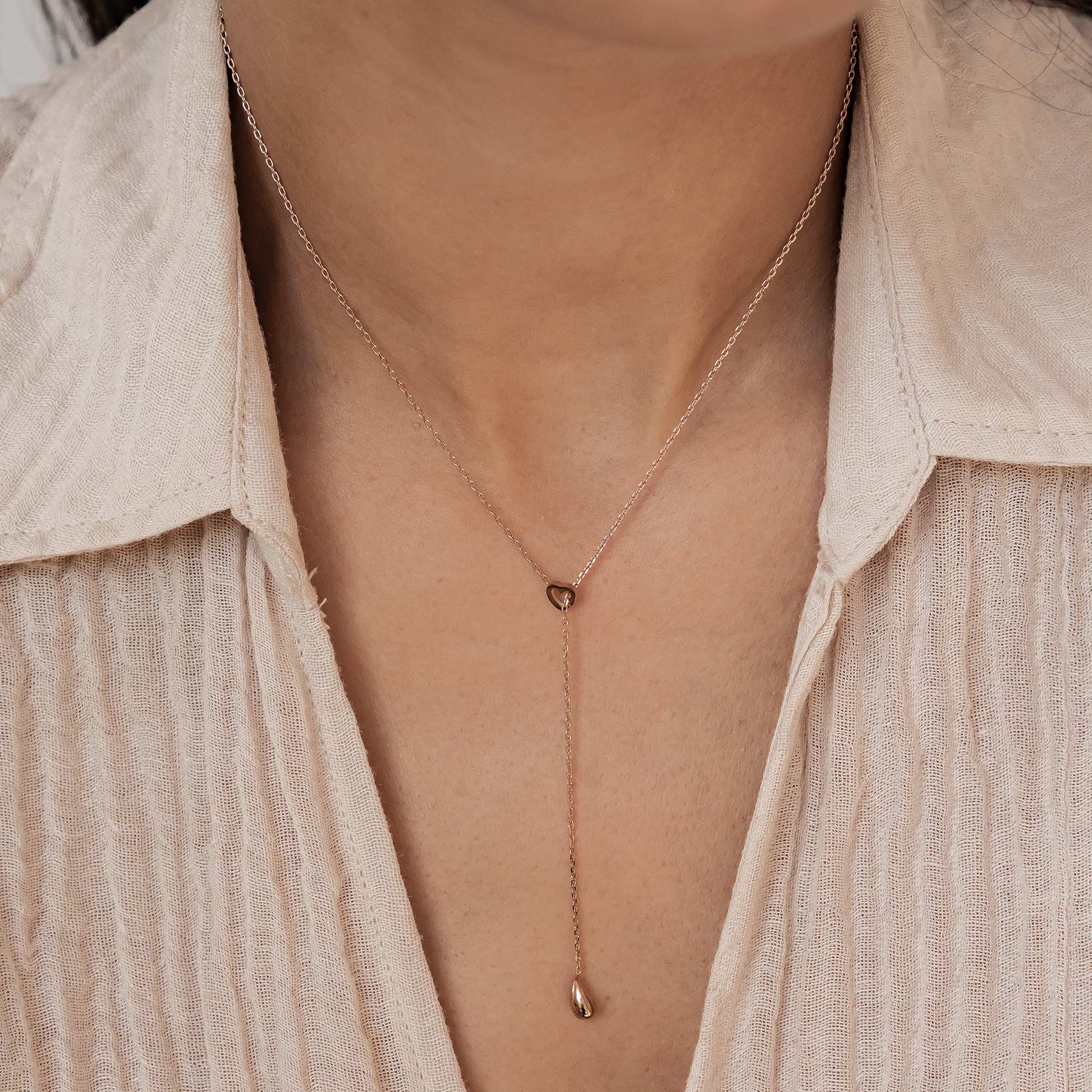 Collar Lariat Corazón y Colgante de Gota Waterproof