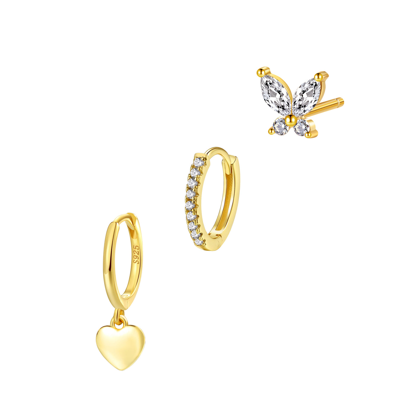 Herz und Schmetterling Stacking Ohrringe Vergoldetes Sterlingsilber