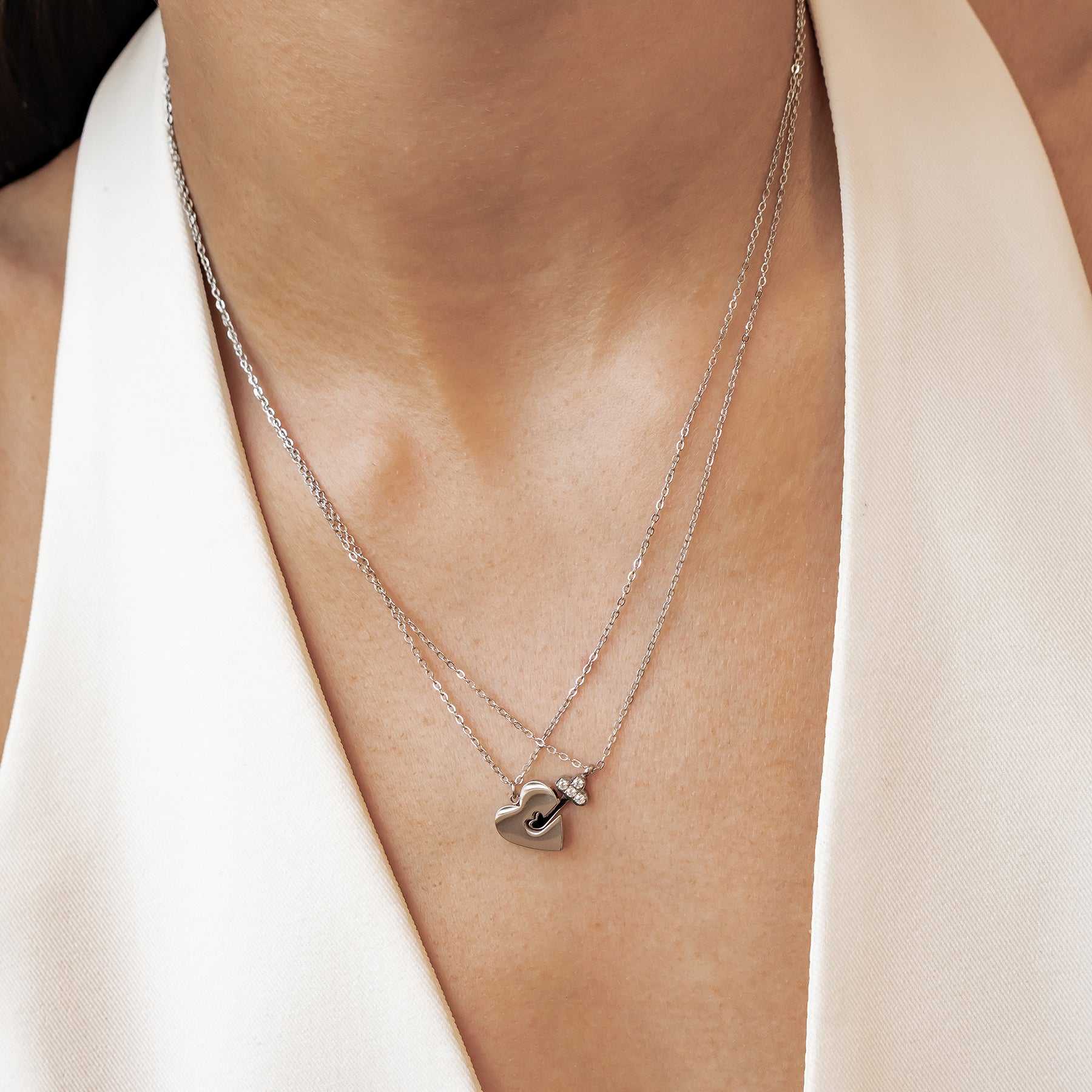 Interlocking Heart & Key Love Necklace Set Waterproof