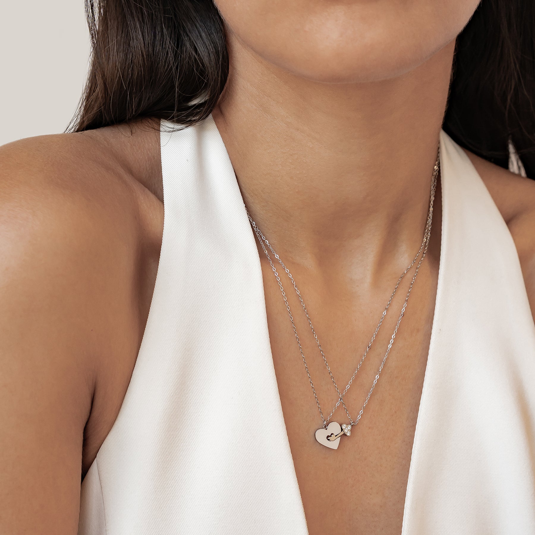 Interlocking Heart & Key Love Necklace Set Waterproof