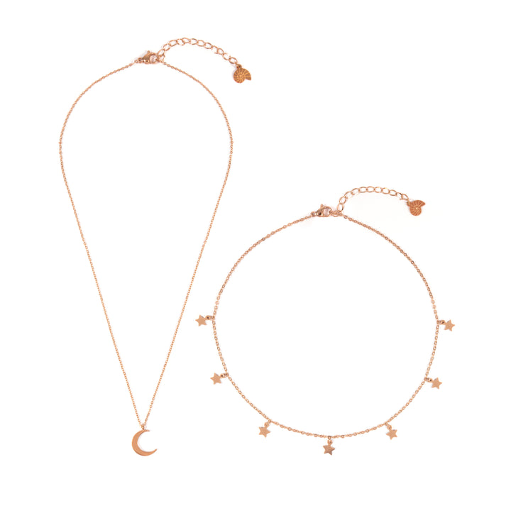 Stern Choker Mond Kette Schmuckset in Rosegold