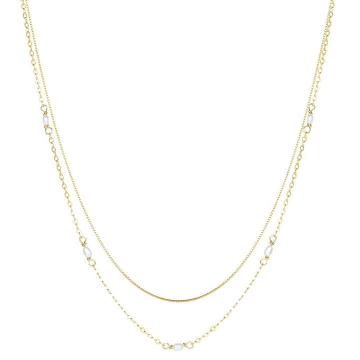 2 Layering Necklaces Set Pearls Sterling Silver Gold