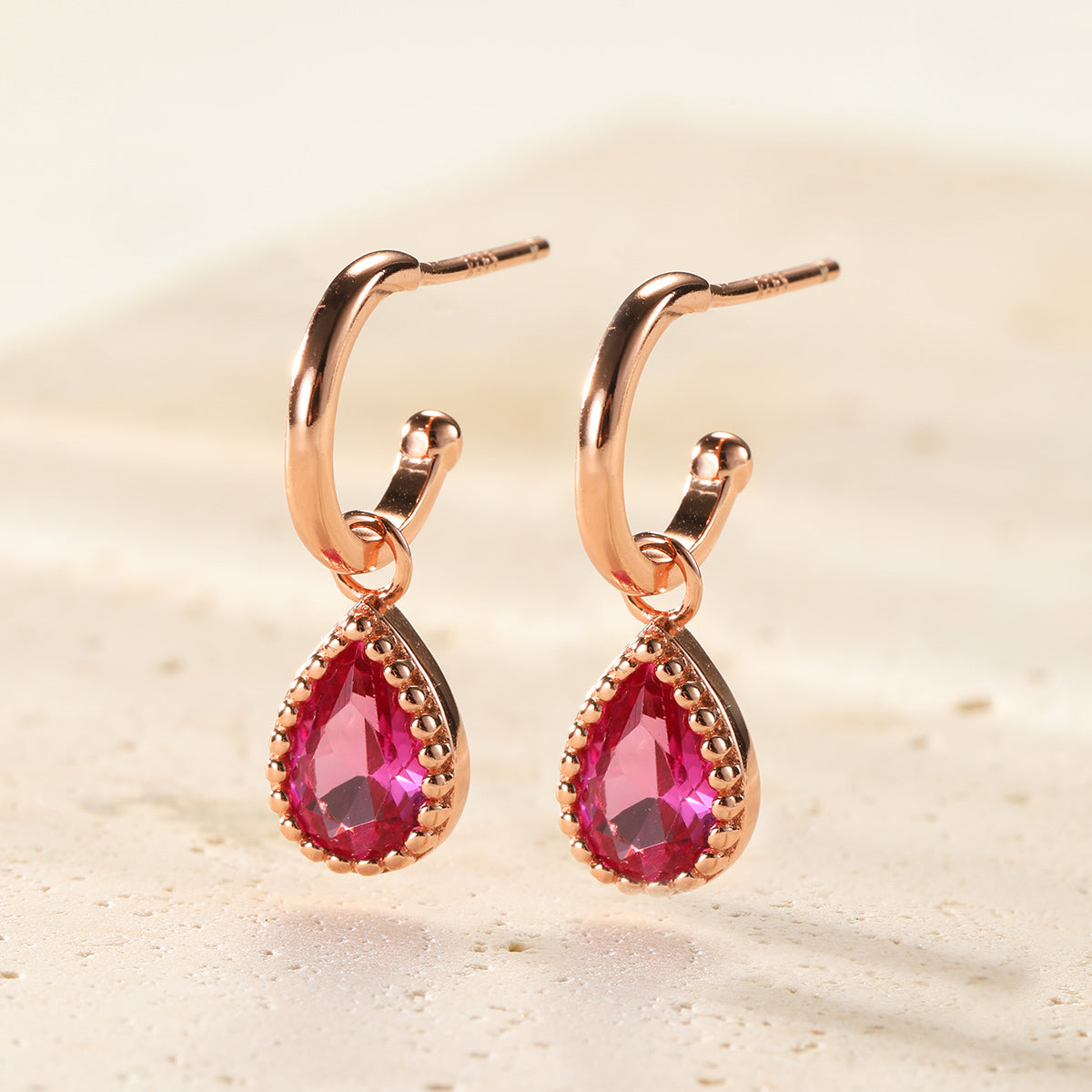 July Ruby Birthstone Hoop Earrings Sterling Silver