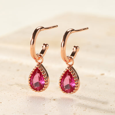 July Ruby Birthstone Hoop Earrings Sterling Silver