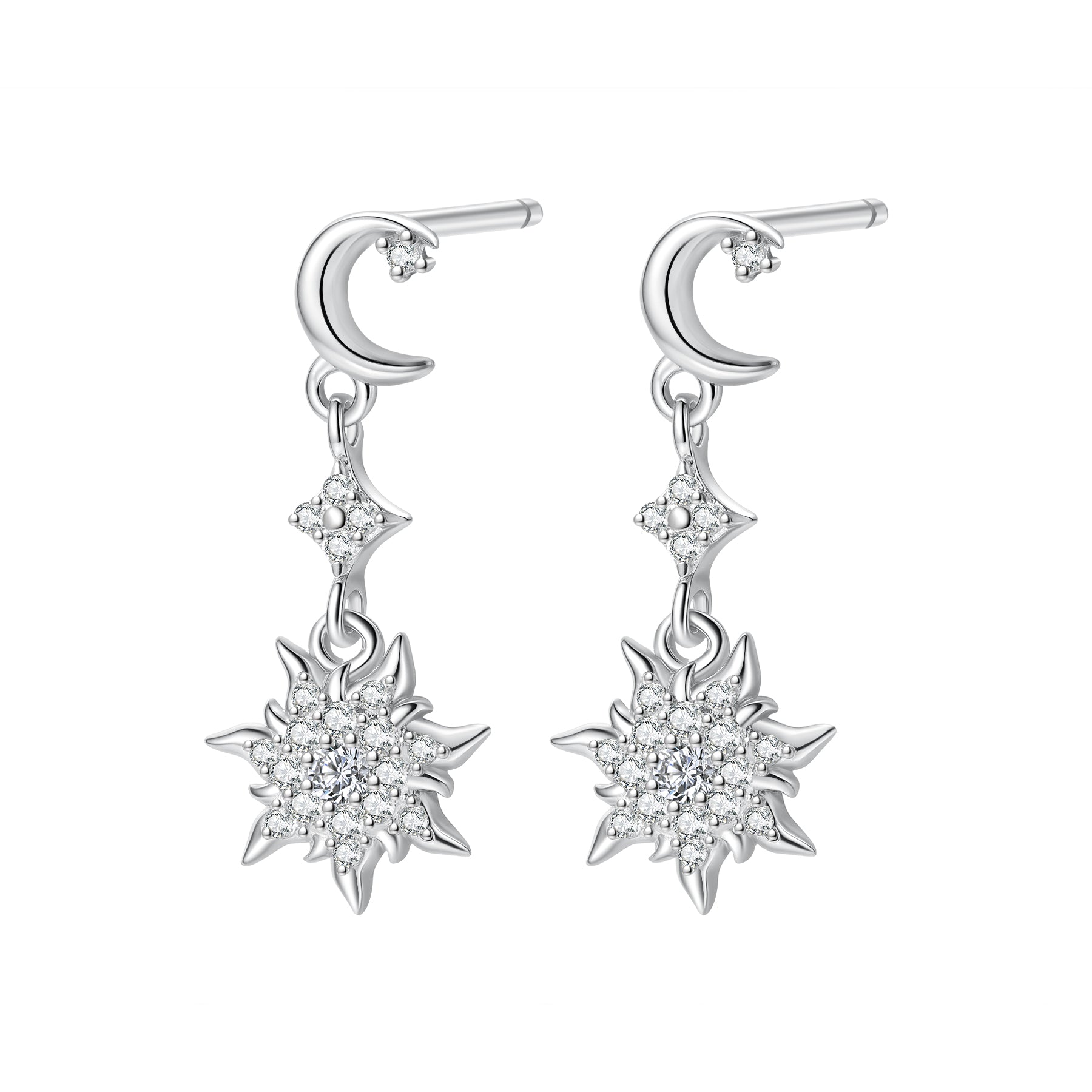 Boucles d’oreilles Pendantes Lune et Soleil Sterling Argent