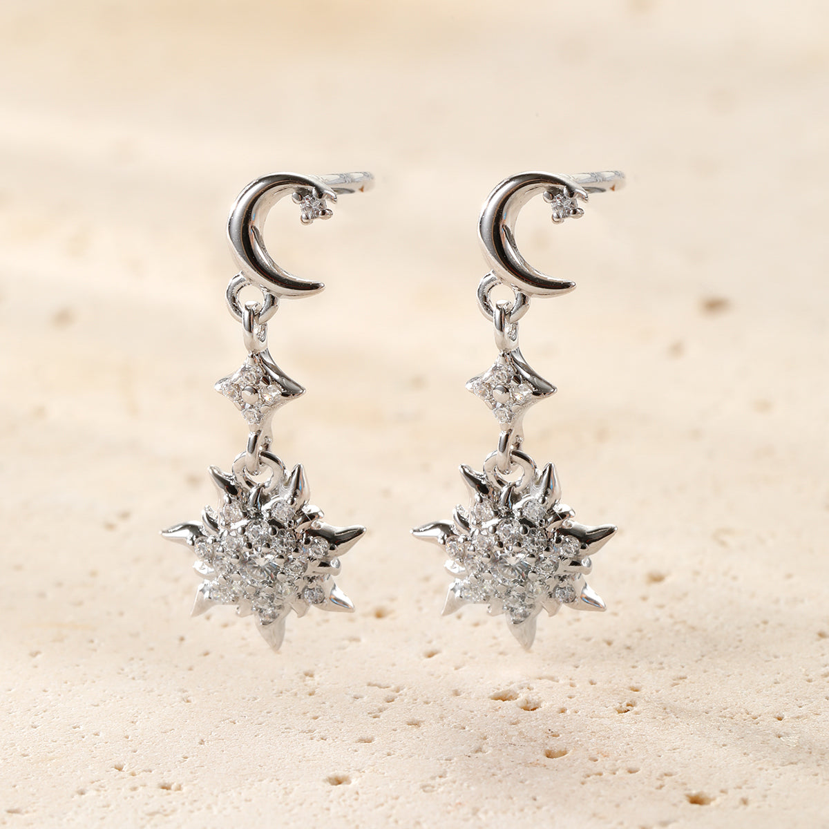 Boucles d’oreilles Pendantes Lune et Soleil Sterling Argent