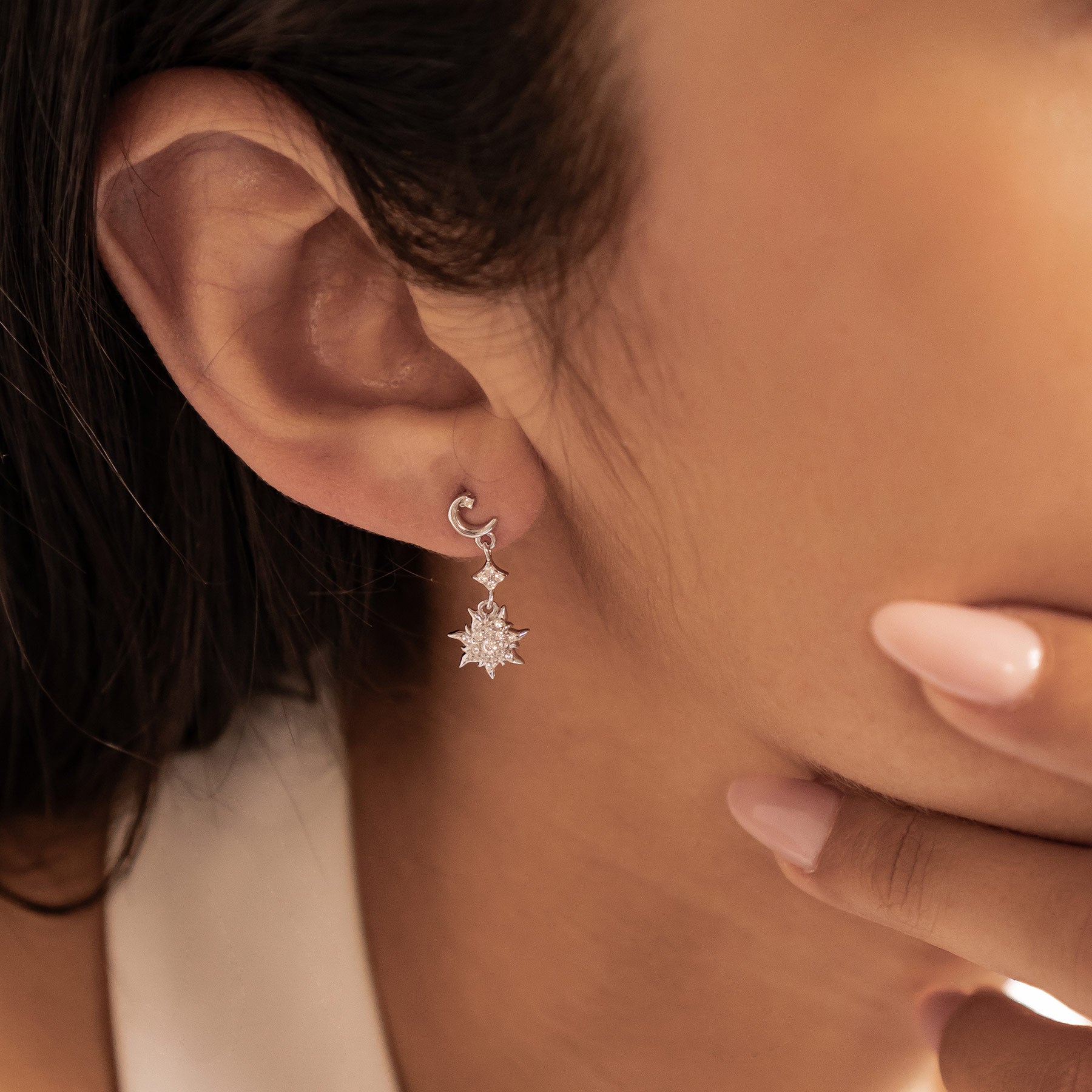 Boucles d’oreilles Pendantes Lune et Soleil Sterling Argent