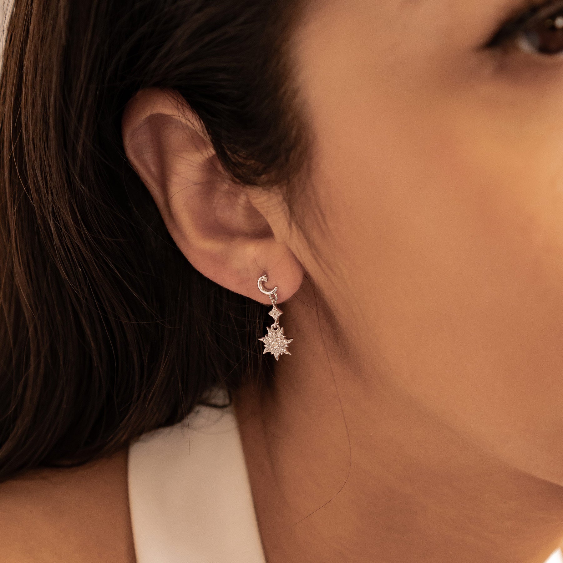 Boucles d’oreilles Pendantes Lune et Soleil Sterling Argent