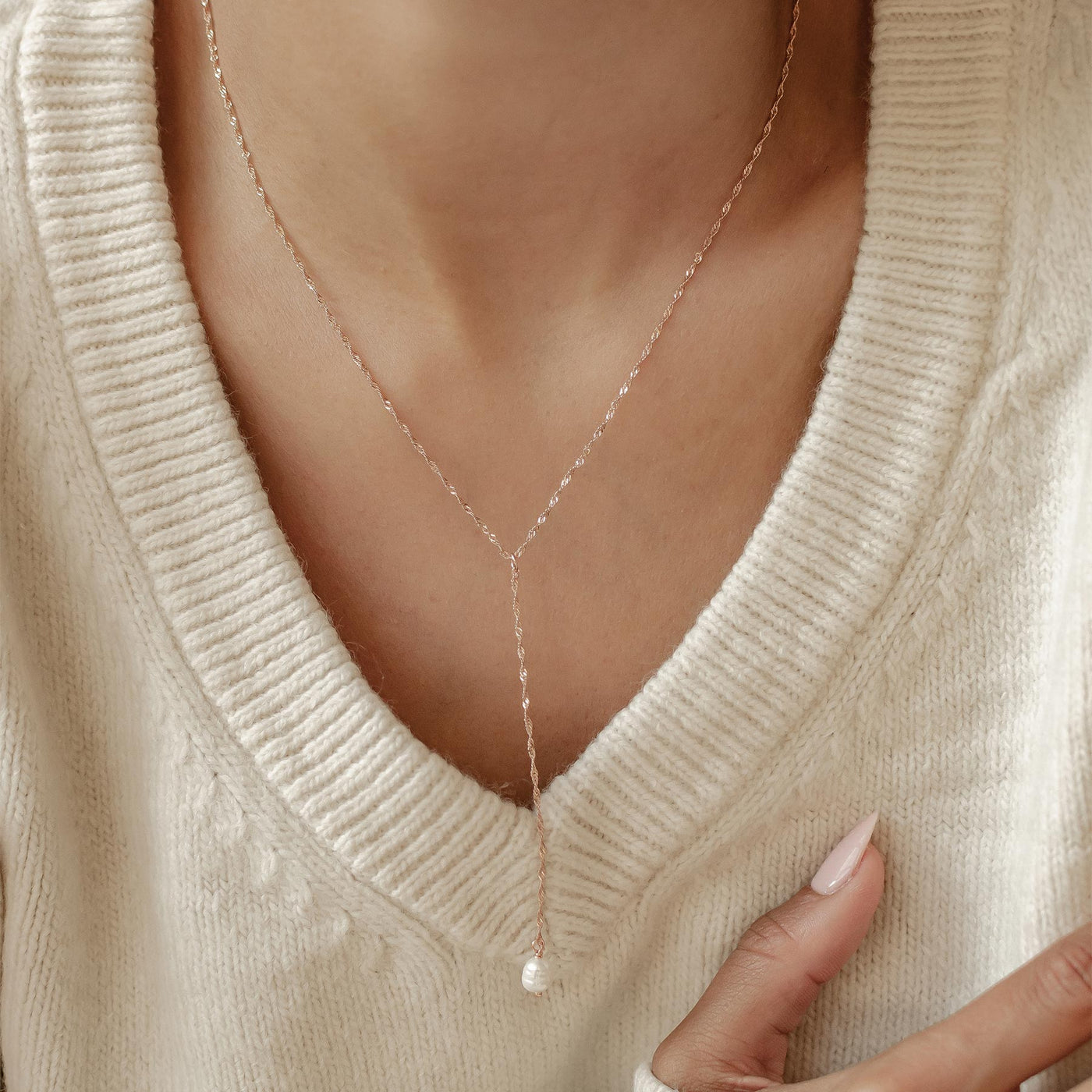 Collier Lariat Pendentif Perle Sterling Argent