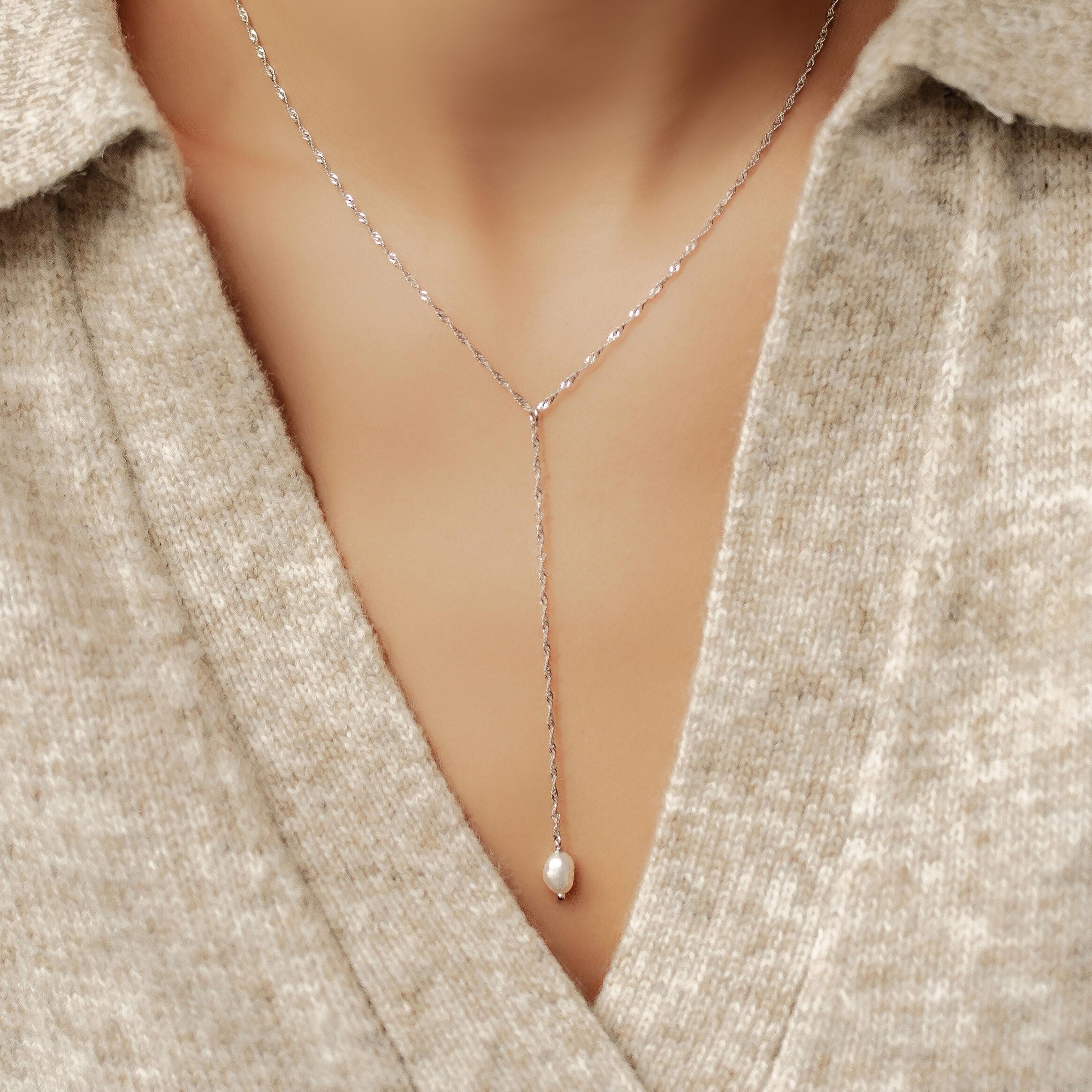 Pearl Pendant Lariat Necklace Sterling Silver Hey Happiness