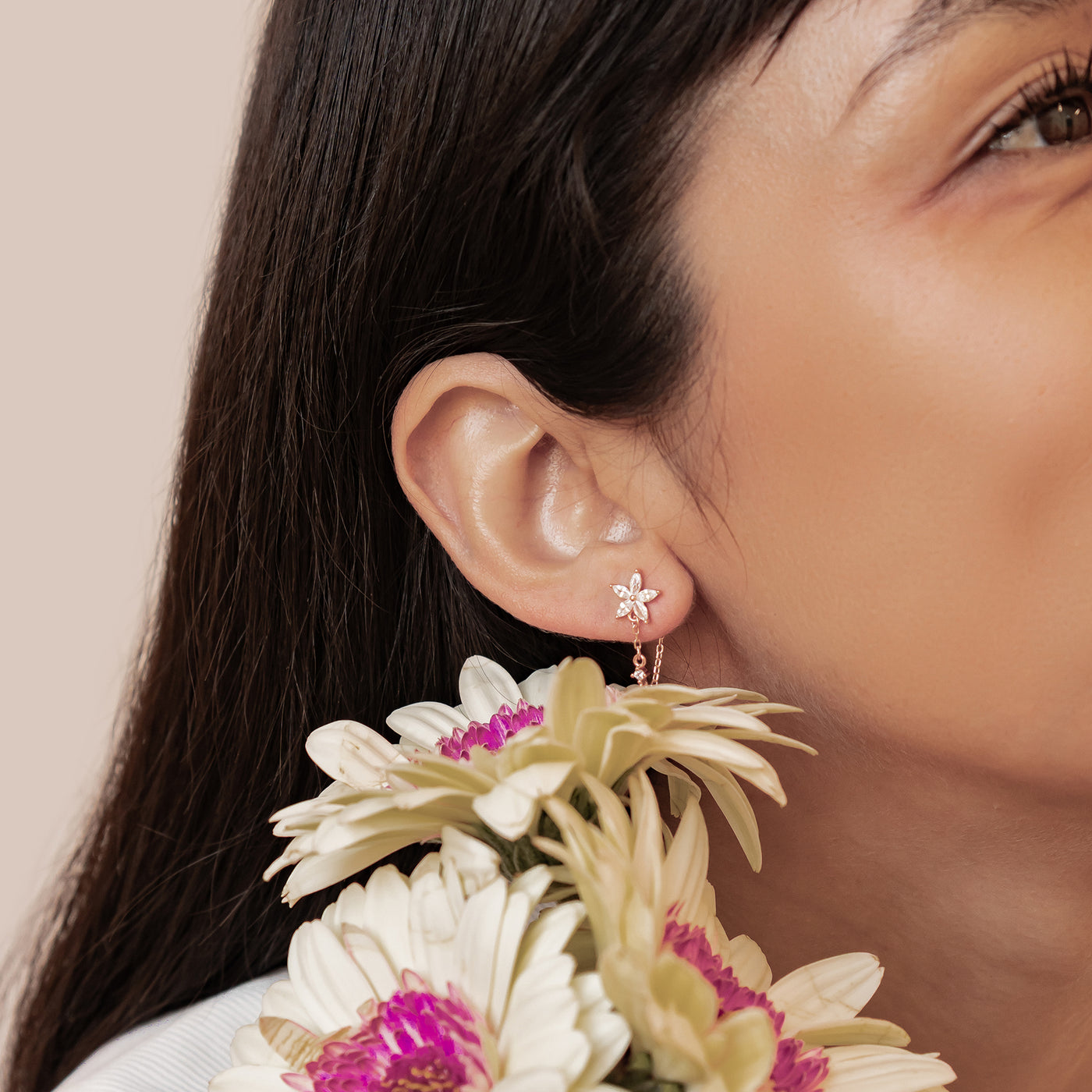 Blüten-Ohrringe mit Ketten – Sterling Silber