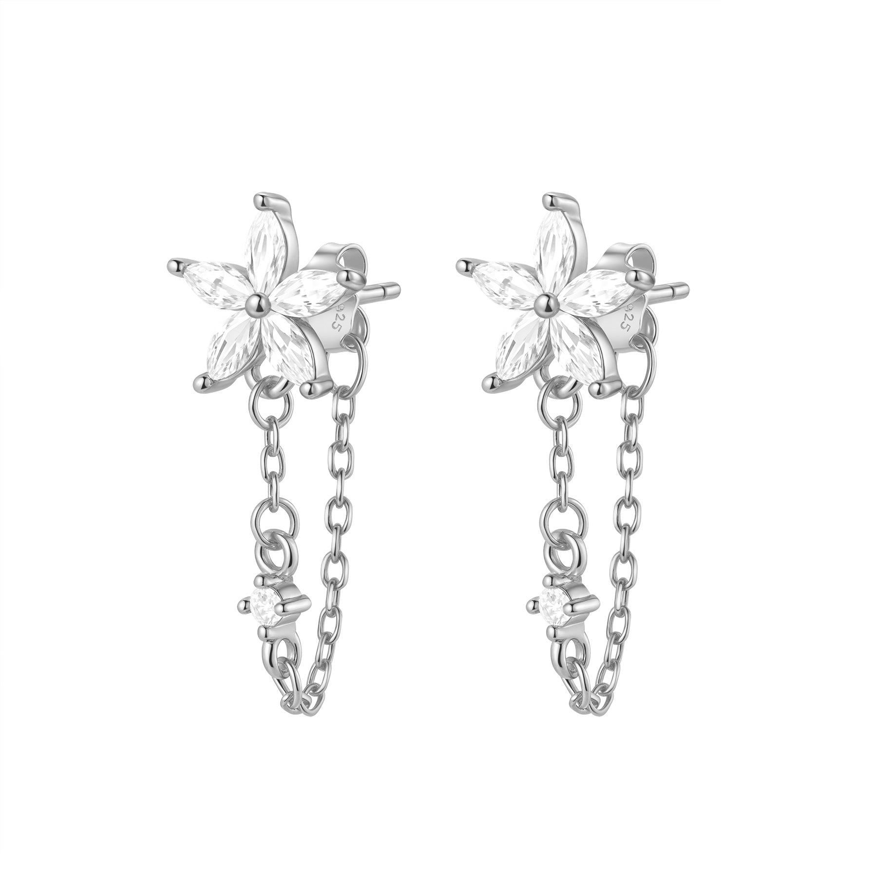 Blüten-Ohrringe mit Ketten – Sterling Silber