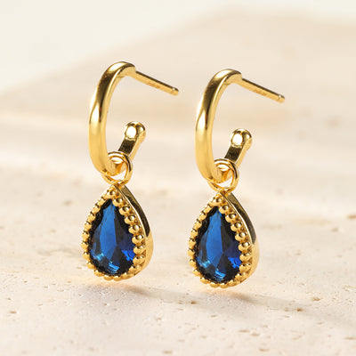 Boucles d’Oreilles Creoles Birthstone Saphir Septembre Sterling Argent