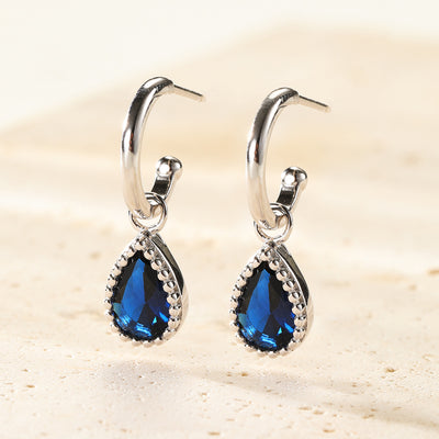 Boucles d’Oreilles Creoles Birthstone Saphir Septembre Sterling Argent