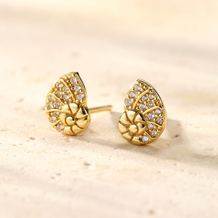 Pendientes Botón Concha Espiral Brillo Plata de Ley 925