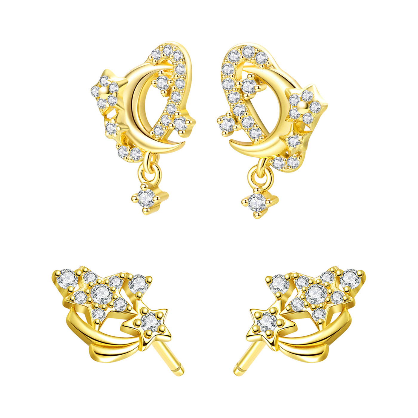 Sparkling Moon & Star Earring Set Sterling Silver