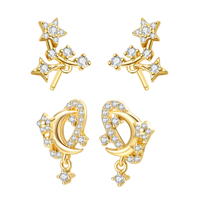 Funkelndes Mond & Stern Ohrring-Set Sterling Silber