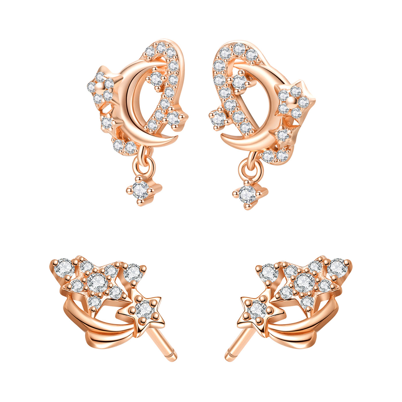 Sparkling Moon & Star Earring Set Sterling Silver