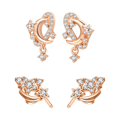 Sparkling Moon & Star Earring Set Sterling Silver