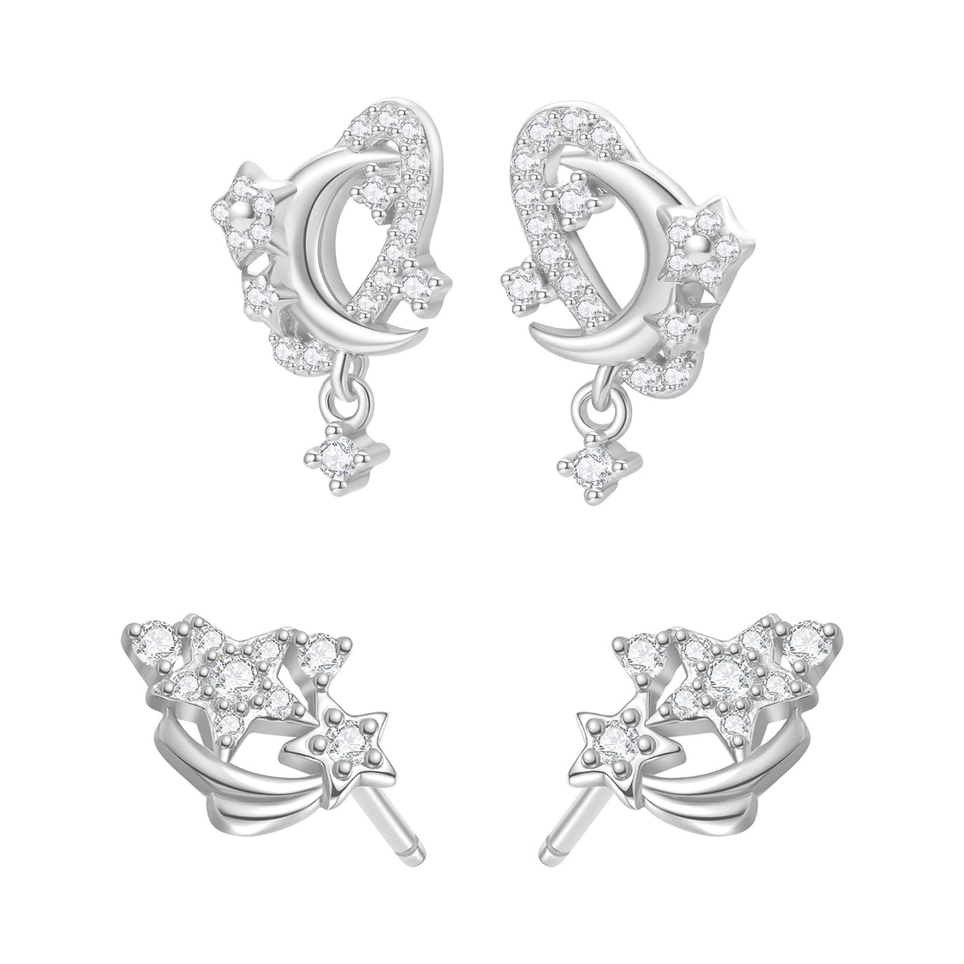 Sparkling Moon & Star Earring Set Sterling Silver