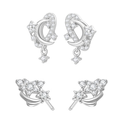 Sparkling Moon & Star Earring Set Sterling Silver