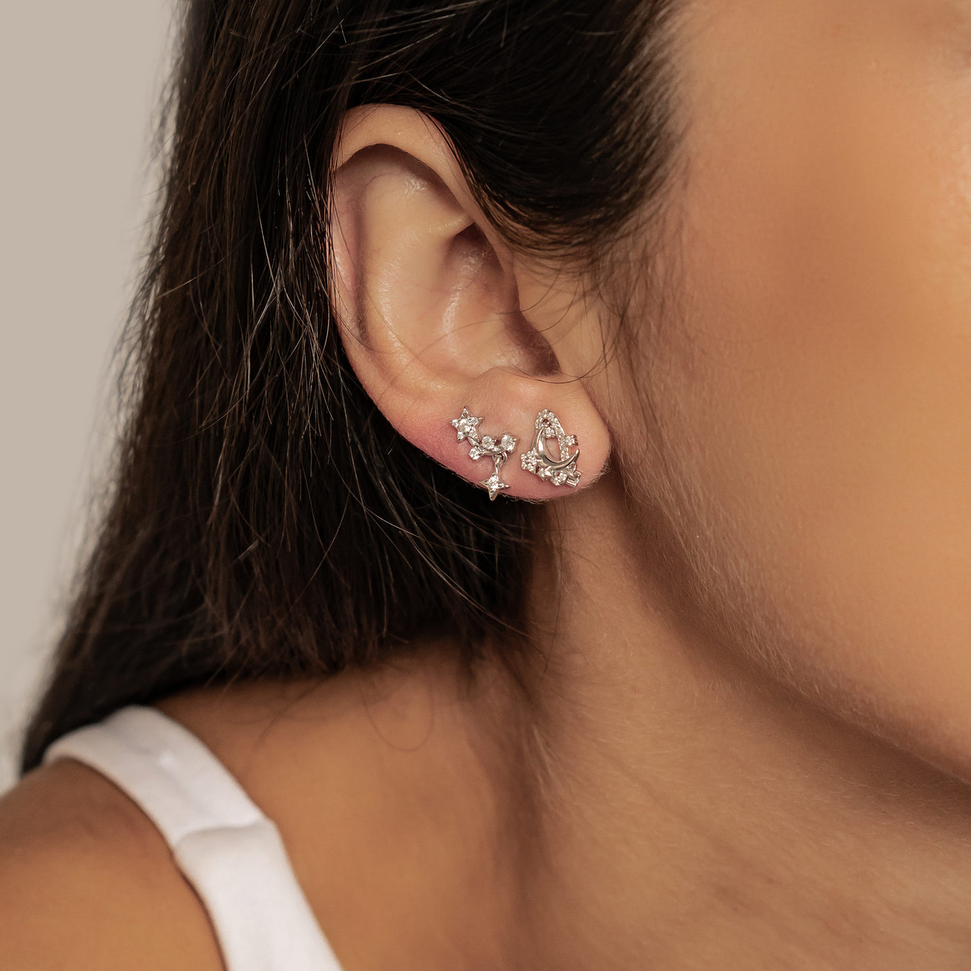 Sparkling Moon & Star Earring Set Sterling Silver