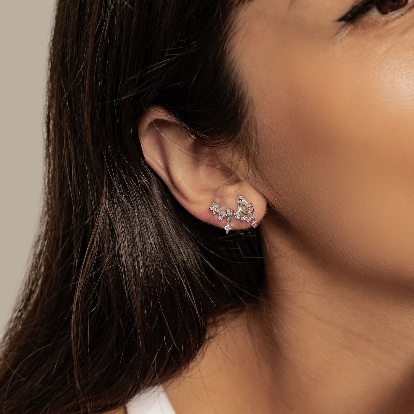 Sparkling Moon & Star Earring Set Sterling Silver