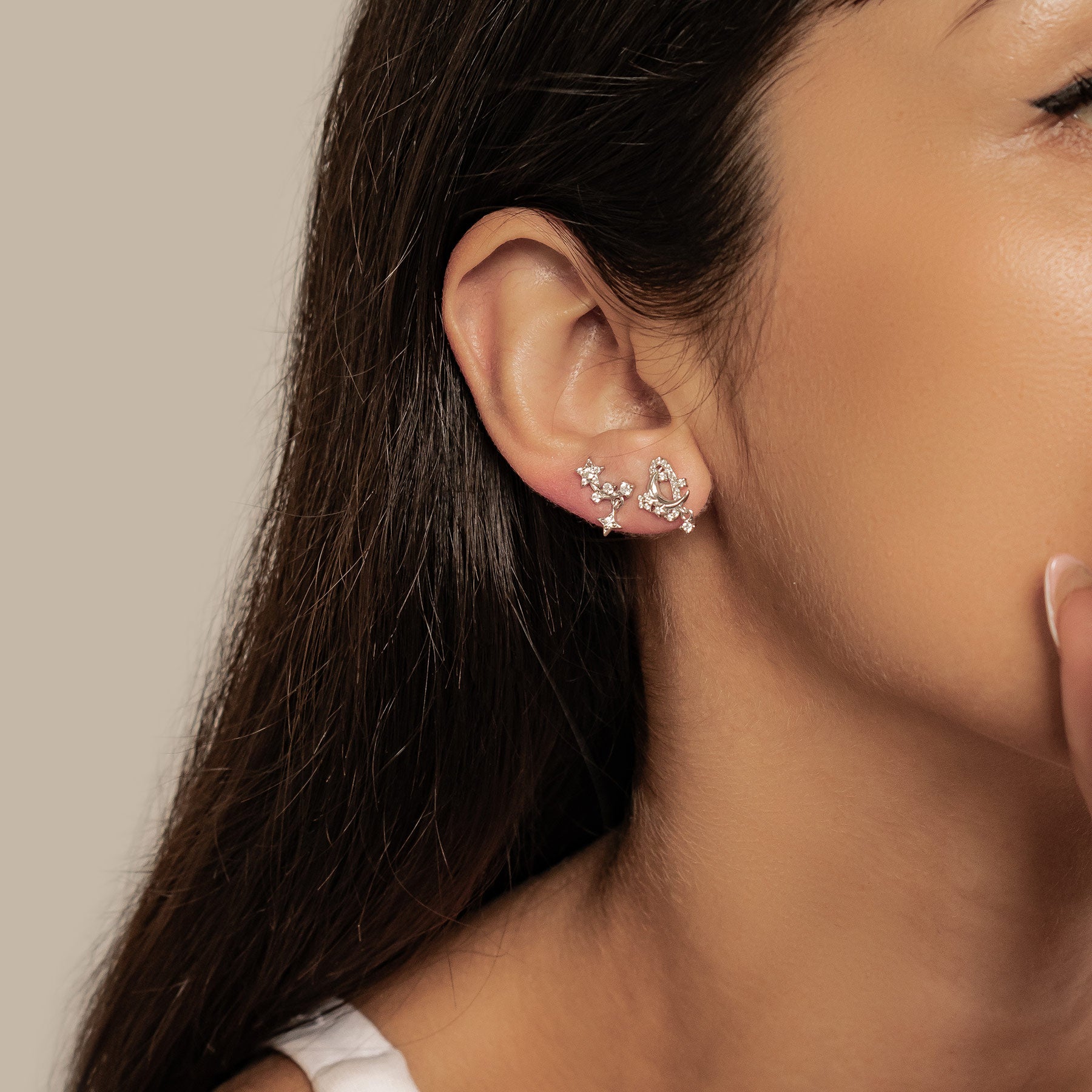 Sparkling Moon & Star Earring Set Sterling Silver