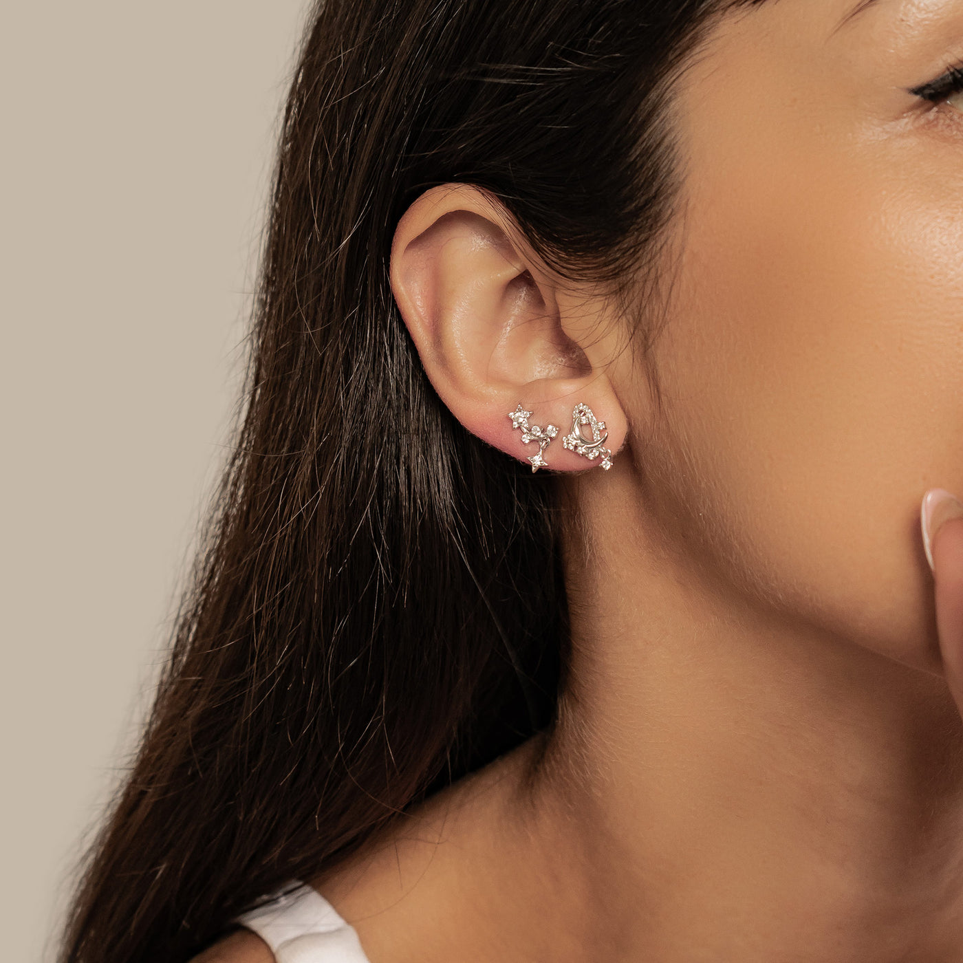 Sparkling Moon & Star Earring Set Sterling Silver