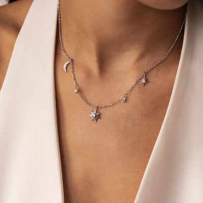 Collier Charms Soleil Lune et Étoiles Sterling Argent