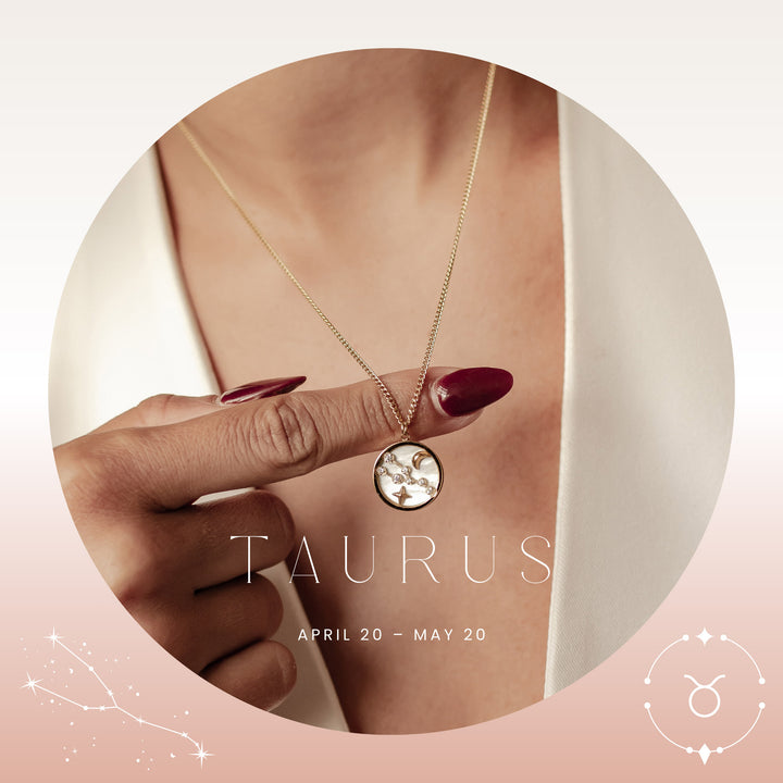 Initial Disk Necklace Taurus Constellation 14k Yellow Gold Diamond - Main Image