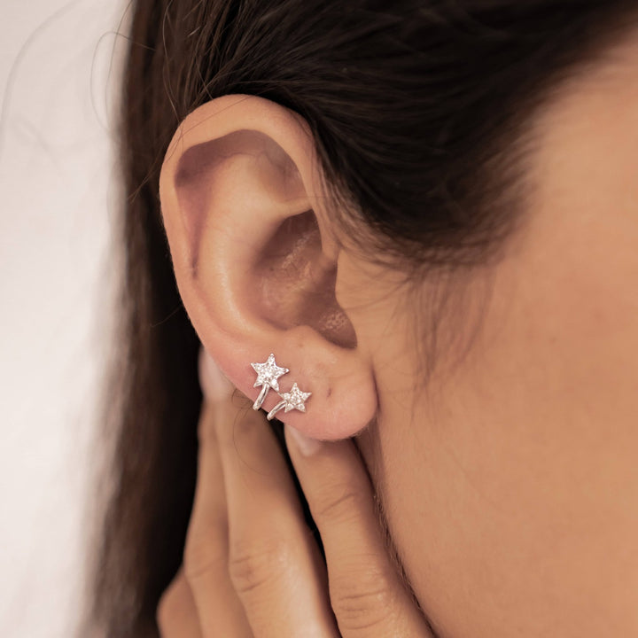 Twin Shooting Star Huggie Stud Earrings Sterling Silver
