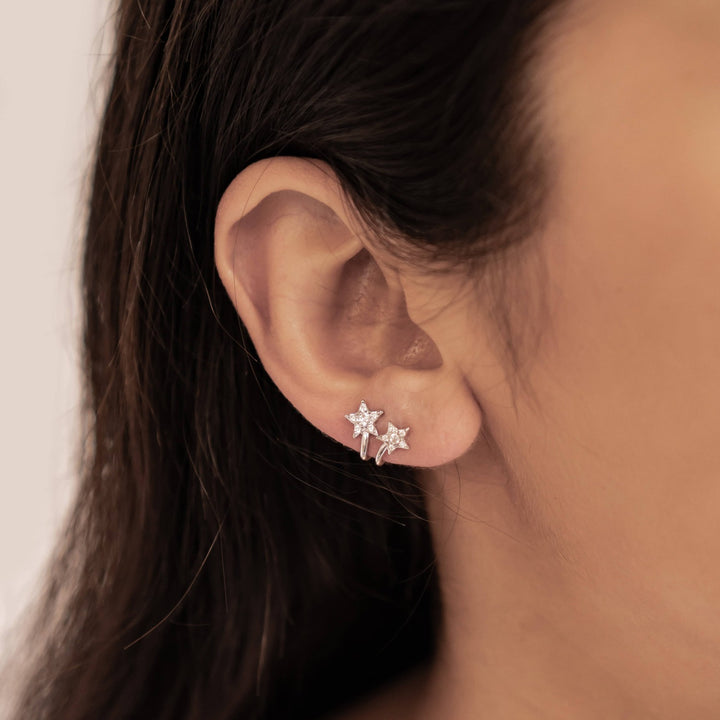 Twin Shooting Star Huggie Stud Earrings Sterling Silver