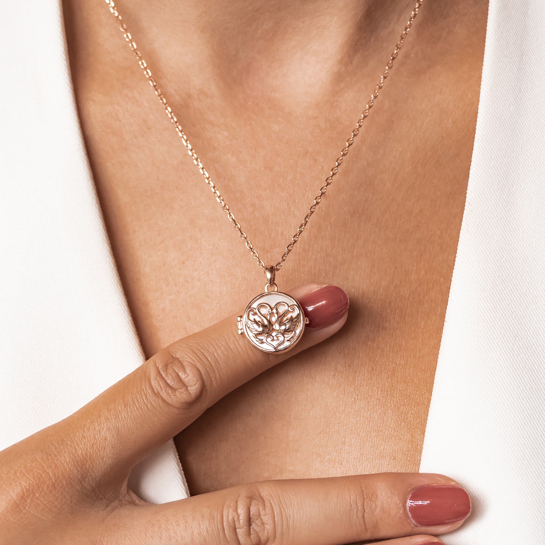 Zwillingsschwan Herz Medaillon Halskette 925 Sterling Silber