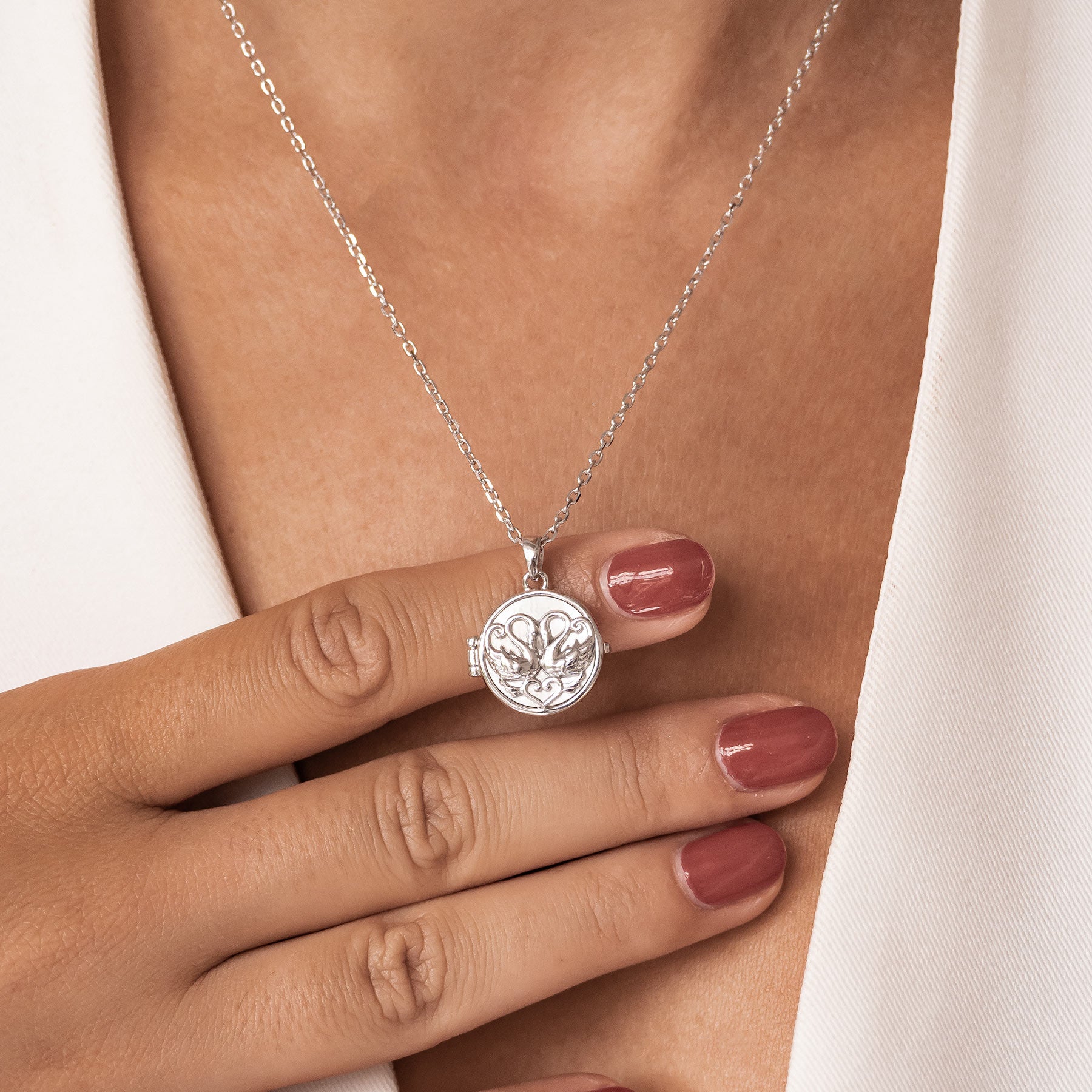 Zwillingsschwan Herz Medaillon Halskette 925 Sterling Silber