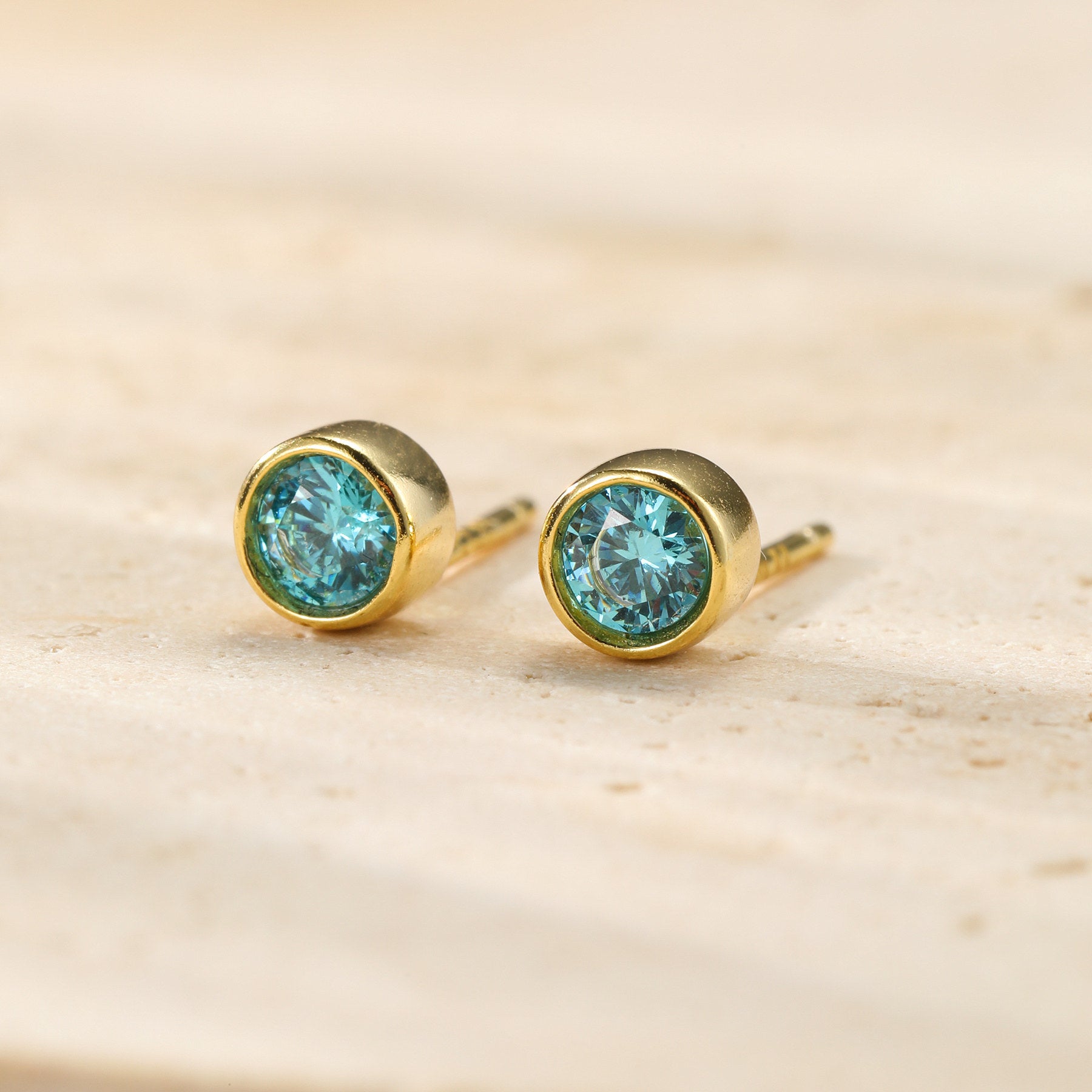 Aquamarine Bezel Stud Earrings Sterling Silver