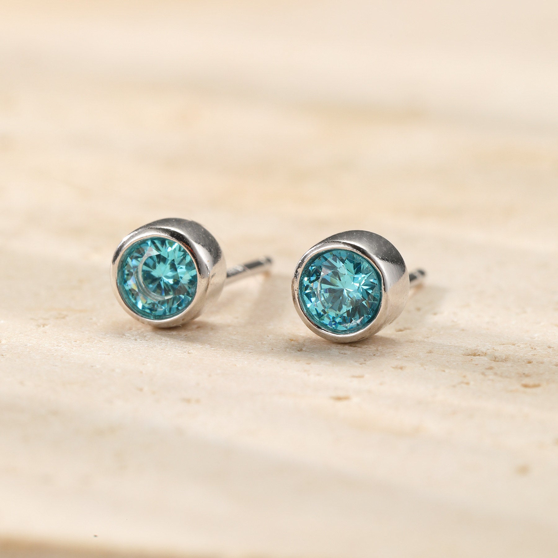 Aquamarine Bezel Stud Earrings Sterling Silver