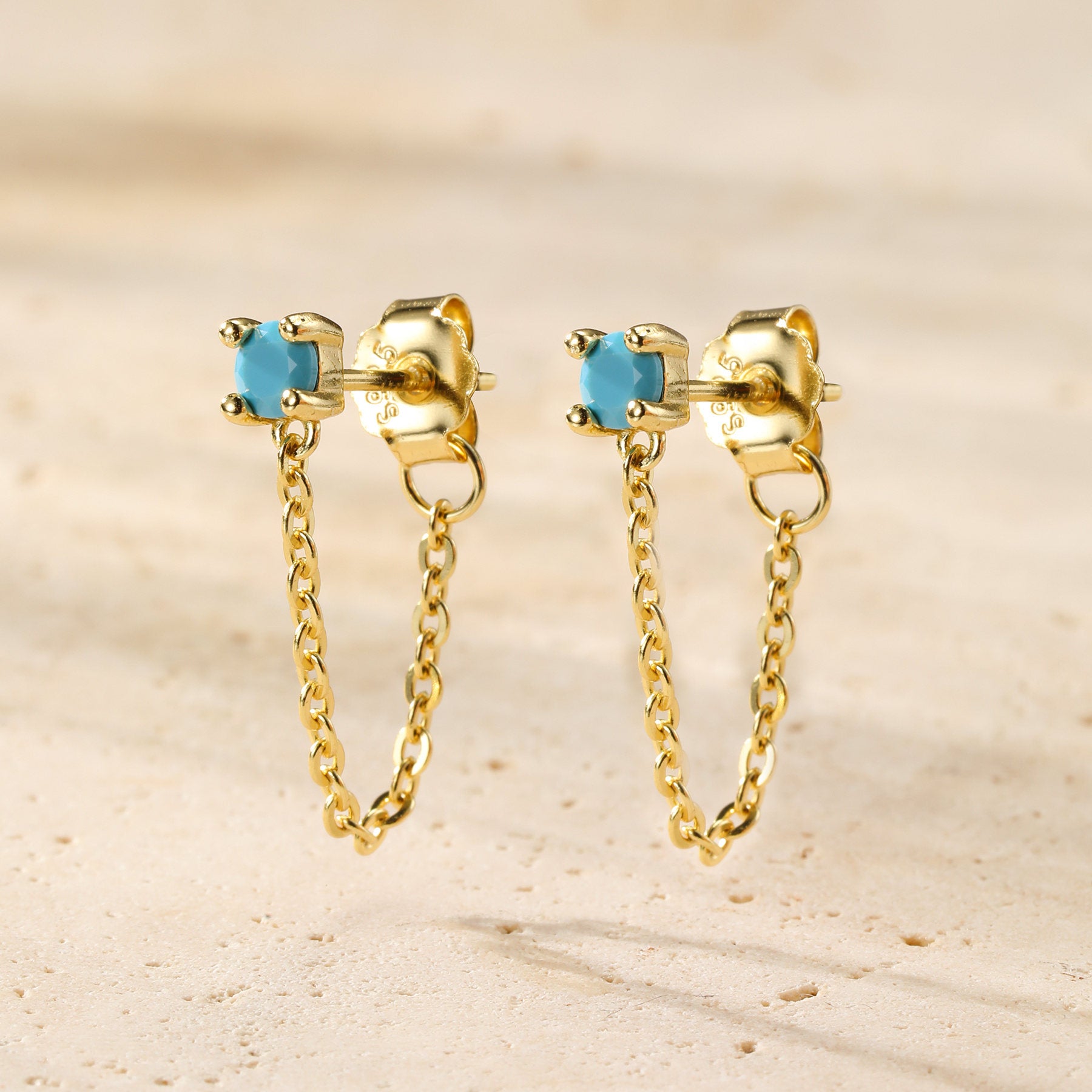 Aquamarine Chain Stud Earrings Sterling Silver