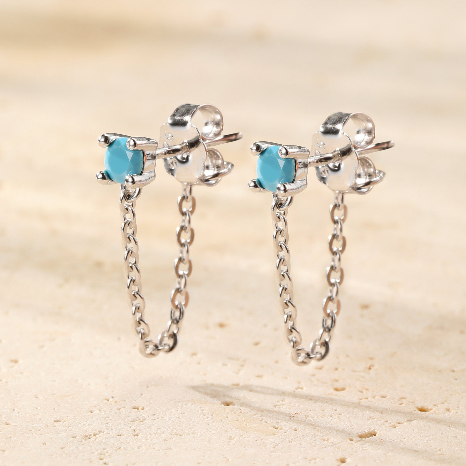 Aquamarine Chain Stud Earrings Sterling Silver